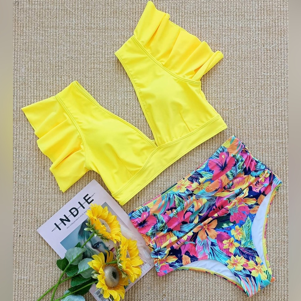 Women Ruffle High Waist Swimsuit Two Pieces Push Up Tropical Print Bikini MEDIUM